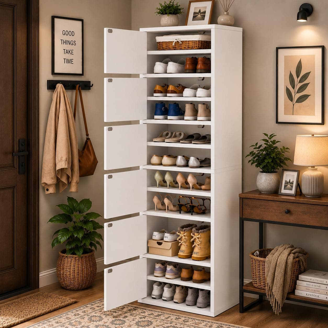 EXVITO Modern Tall Shoe Cabinet, Wooden Flip Door Shoe Storage Cabinet, 6-Door Narrow Entryway Shoe Organizer with Multi-Tier Shelves, Space Saving Shoe Rack for Hallway, Apartment & Home - White