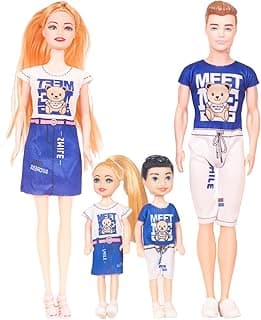WISHKEY Plastic Beautiful Travel Family Doll Set with Mom,Dad,Baby Boy & Girl, Ideal Pretend Play Doll Accessories Stylish Playset for Girls, Multicolor, 3+ Years (Pack of 1)