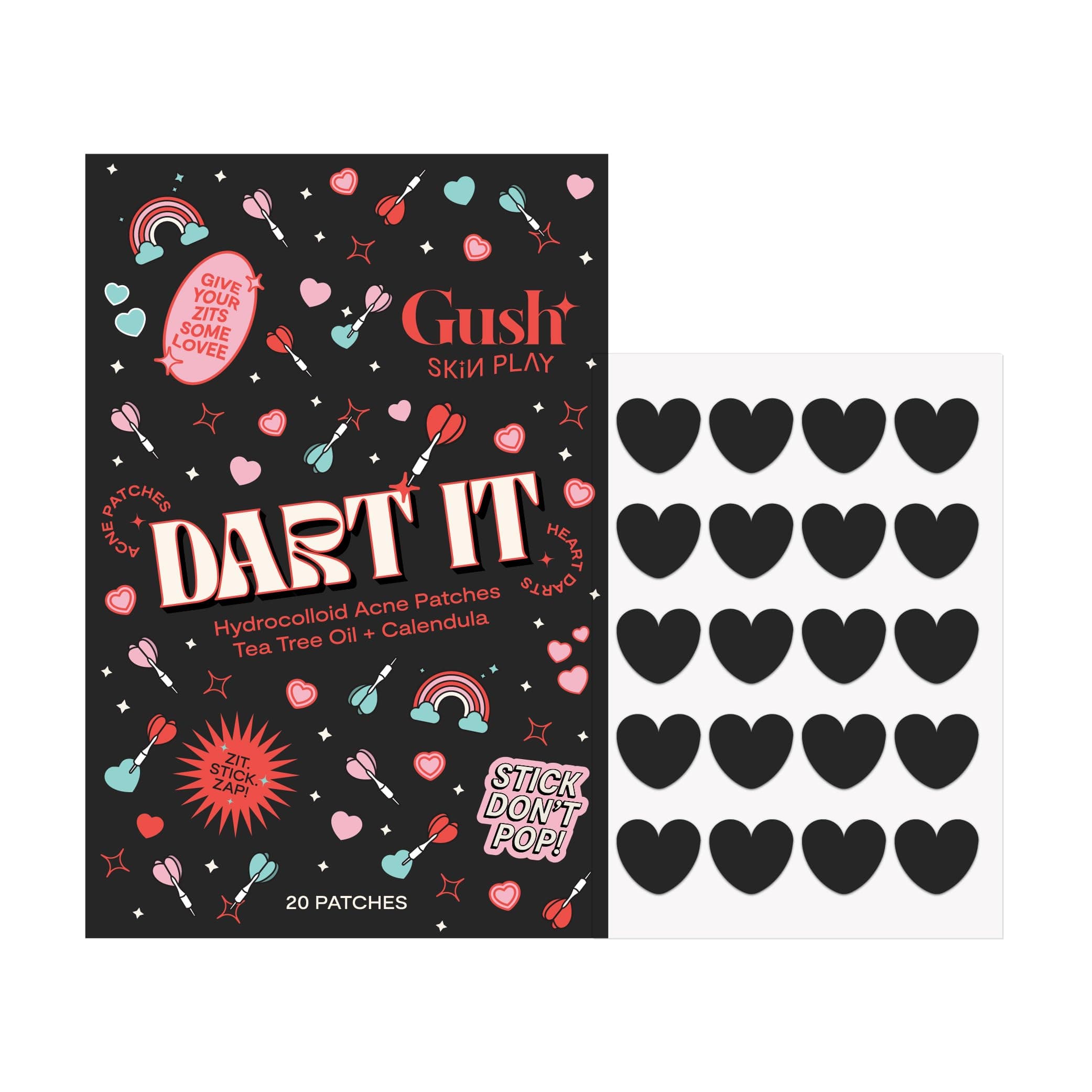 Gush Beauty Acne Pimple Patch | 20 Hydrocolloid Patches with Tea Tree Oil | Reduces Acne Pimples Excess Oil Overnight | For All Skin Types (Black Heart)
