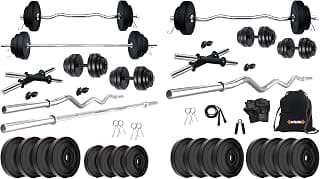 Kore PVC 20 Kg Home Gym Set with One 4 Ft Plain + One 3 Ft Curl Rod and One Pair Dumbbell Rods, Multicolour & Kore PVC 16 Kg Home Gym Set with One 3 Ft Curl and One Pair Dumbbell Rods, Black
