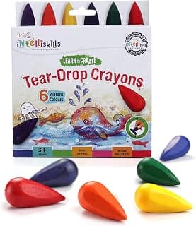 Intelliskills Premium 6 Pcs Non Breakable Wax Crayon Sticks For Kids, Smooth & Non Greasy Crayon Colouring Set for Boys & Girls, Birthday Gift, Multicolour (Tear Drop)