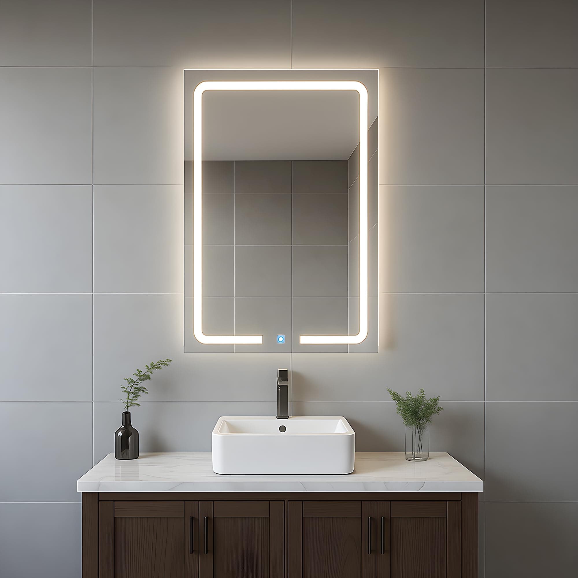 Amazon Basics Rectangular Glass | 16 x 24 Inch Wall-Mounted LED Mirror with Smart Sensor | 3-Color Light (Warm, White, Natural)