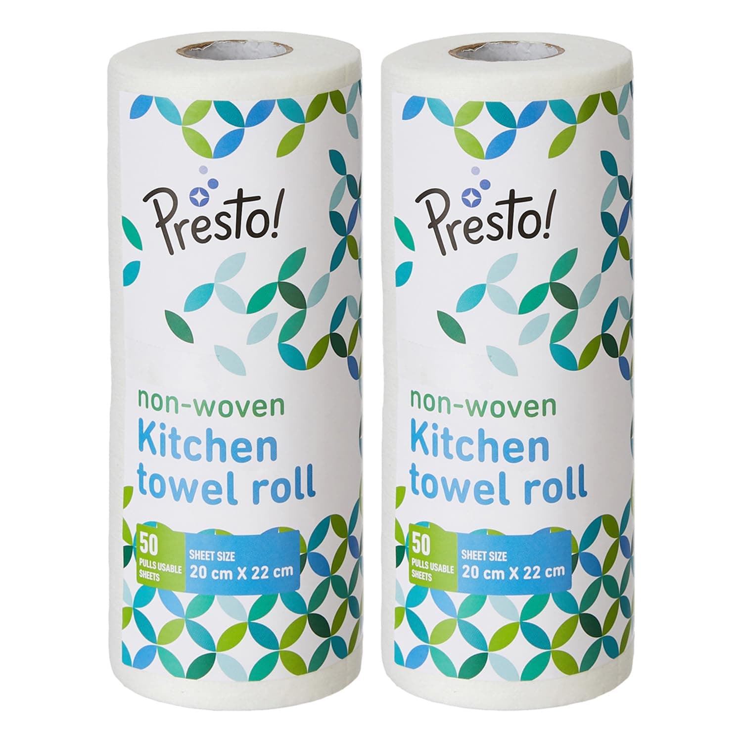 Amazon Brand - Presto! Non-Woven Reusable Kitchen Towel Roll | 50 Pulls | 100 Sheets (Pack of 2) | Size: 20 x 22 cm | White | Washable | Highly Absorbent | For Daily Use