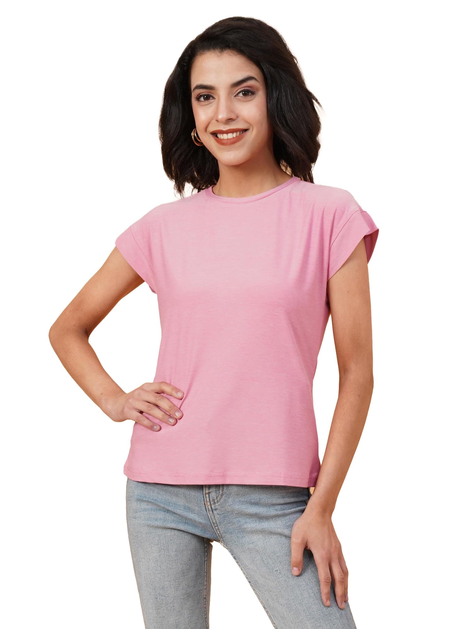 KOTTY Women's Solid Round Neck Cotton Blend T-Shirt