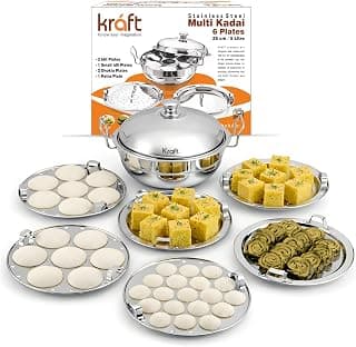 Kraft Stainless Steel Multi Kadai/Idli Maker | 5 L, 28 cm, 6 Plates | 2 Idli, 2 Dhokla, 1 Patra & Mini Idli | Induction & Gas Compatible Momo/Modak Pot | 6 in 1 Multipurpose steamer for cooking