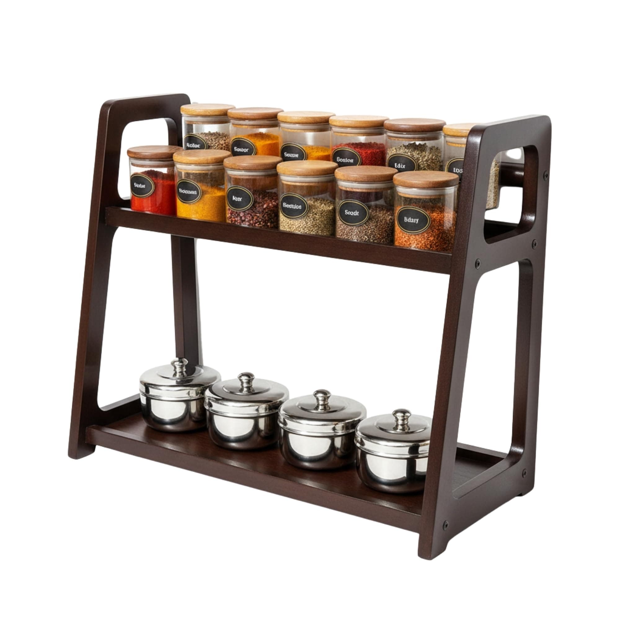 Deligno Mart 2 Tier Wooden Kitchen Organizer Rack for Countertop | Spice Jar Storage Shelf | Countertop Kitchen Rack 45x20x40 cm Brown | Wooden Storage Stand for Home and Kitchen
