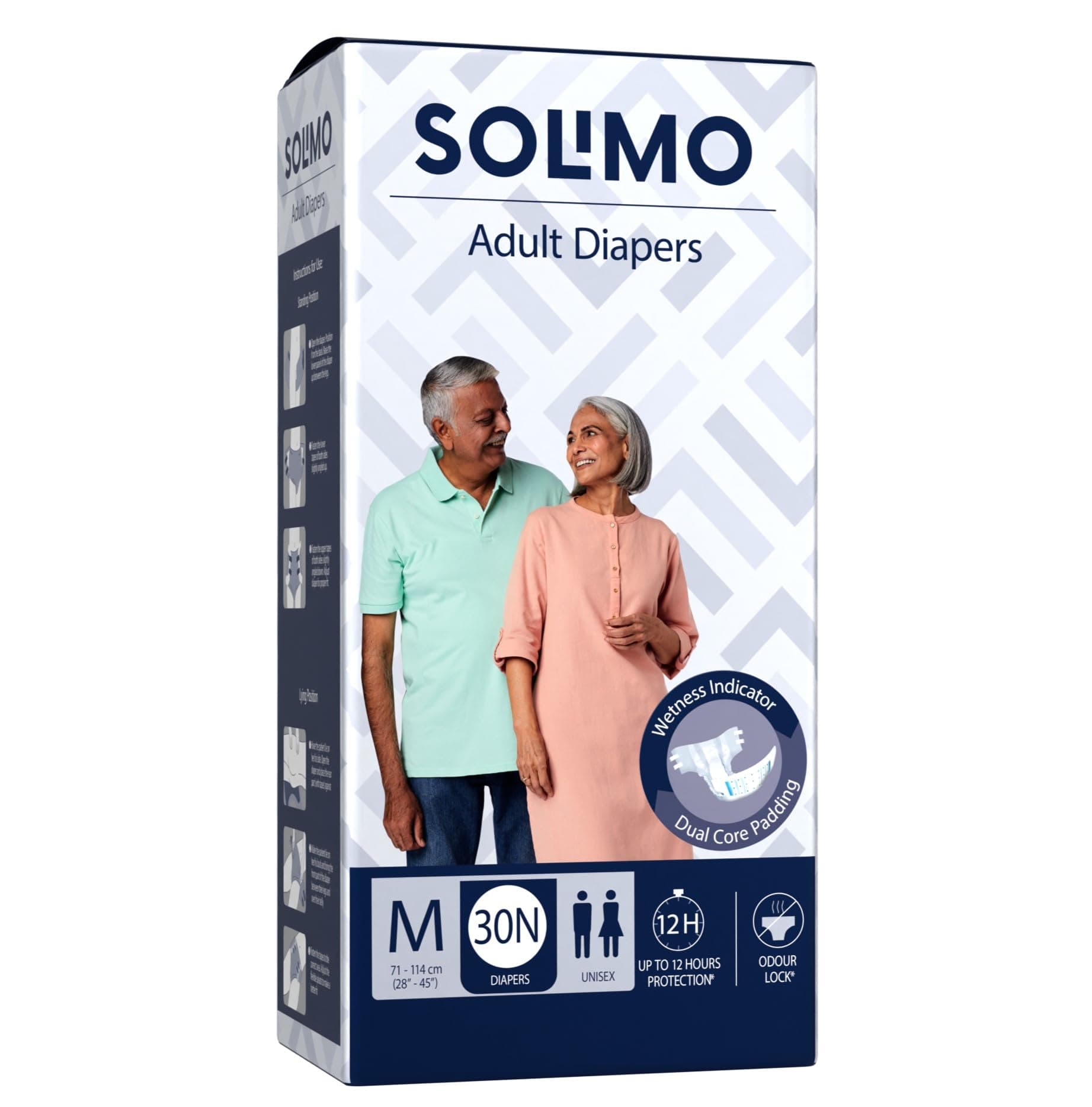 Amazon Brand - Solimo Adult Diapers Tape Style | Medium Size | 30 Count | Waist 28-45 Inch (71-114 cm) | Fast Absorption | Leak Proof | Unisex | For Men & Women