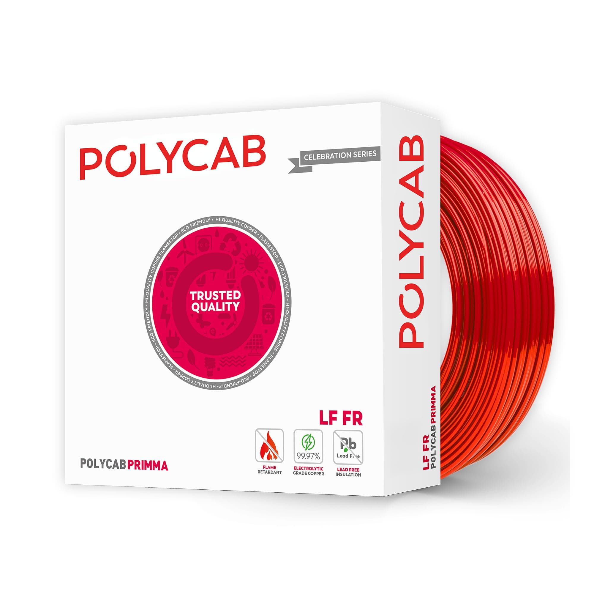 Polycab Primma 90m, 1.5sqmm. •Heat Resistant •Eco Friendly • Lead free PVC insulation •Mositure resistant •Flame Retardant •99.97% Electrolytic Grade Copper【Red】