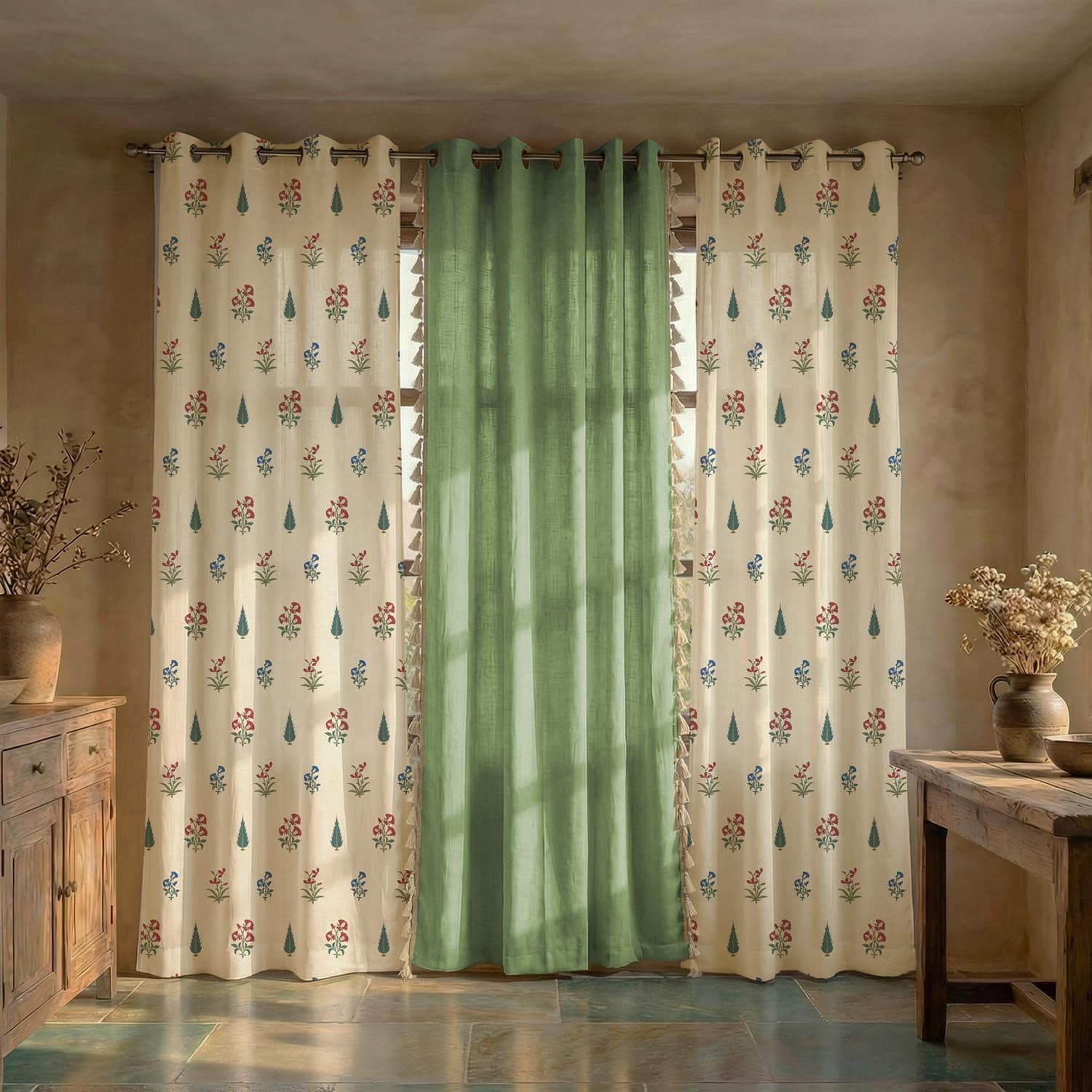 Urban Space Floral 100% Cotton Curtains For Door, Combo Set Of 3 Curtains 7 Feet Long, 60-65% Room Darkening Curtain, Tieback & Eyelets Included With Curtains For Home Decor (High Garden Red, 7 Feet)