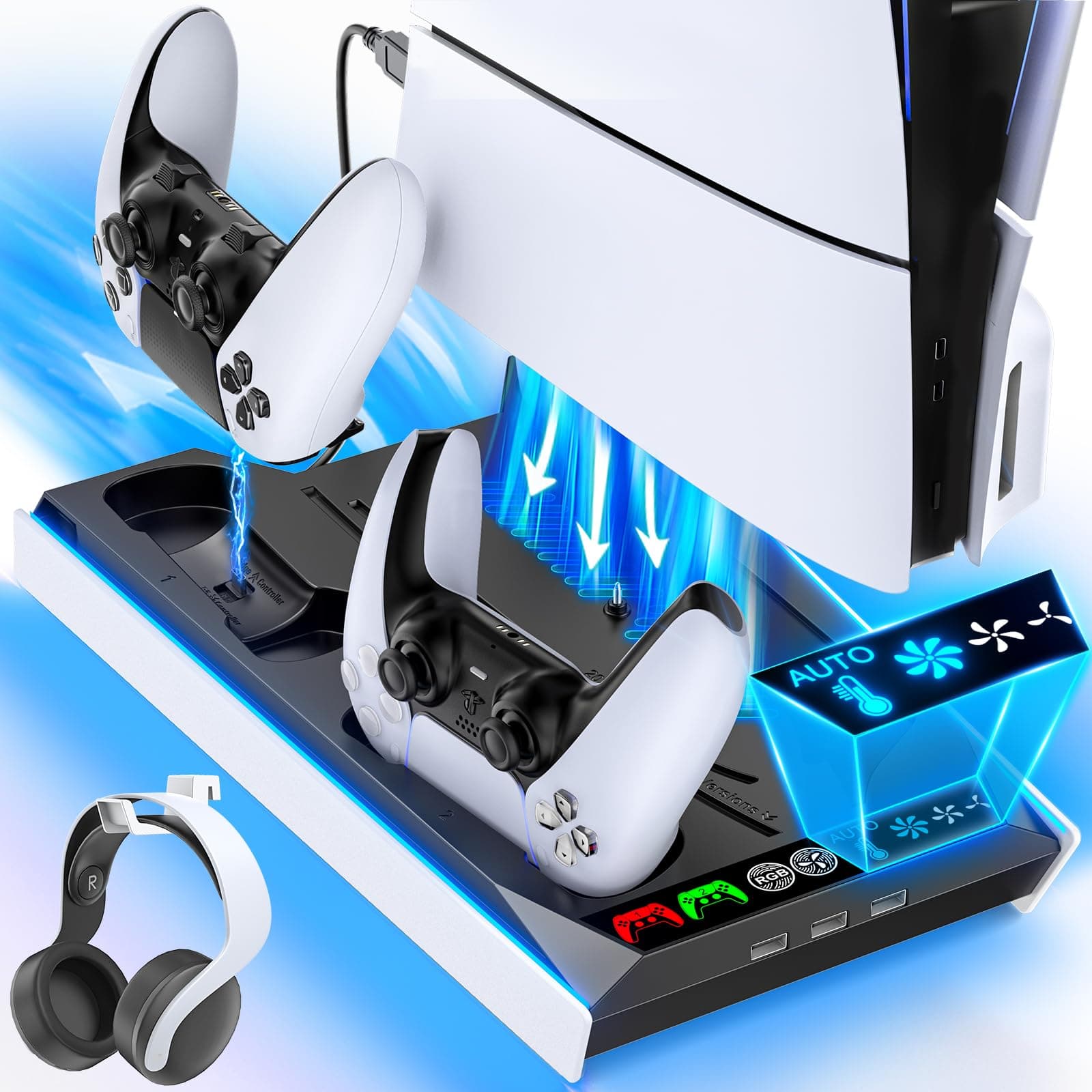 Kytok PS5 Stand and Cooling Station for PS5 Pro/ PS5 Slim /PS5 Disk and Digital Console, Upgraded Automatic Cooling Base and RGB Light with Driver Charger for PS5 and Edge, Kit