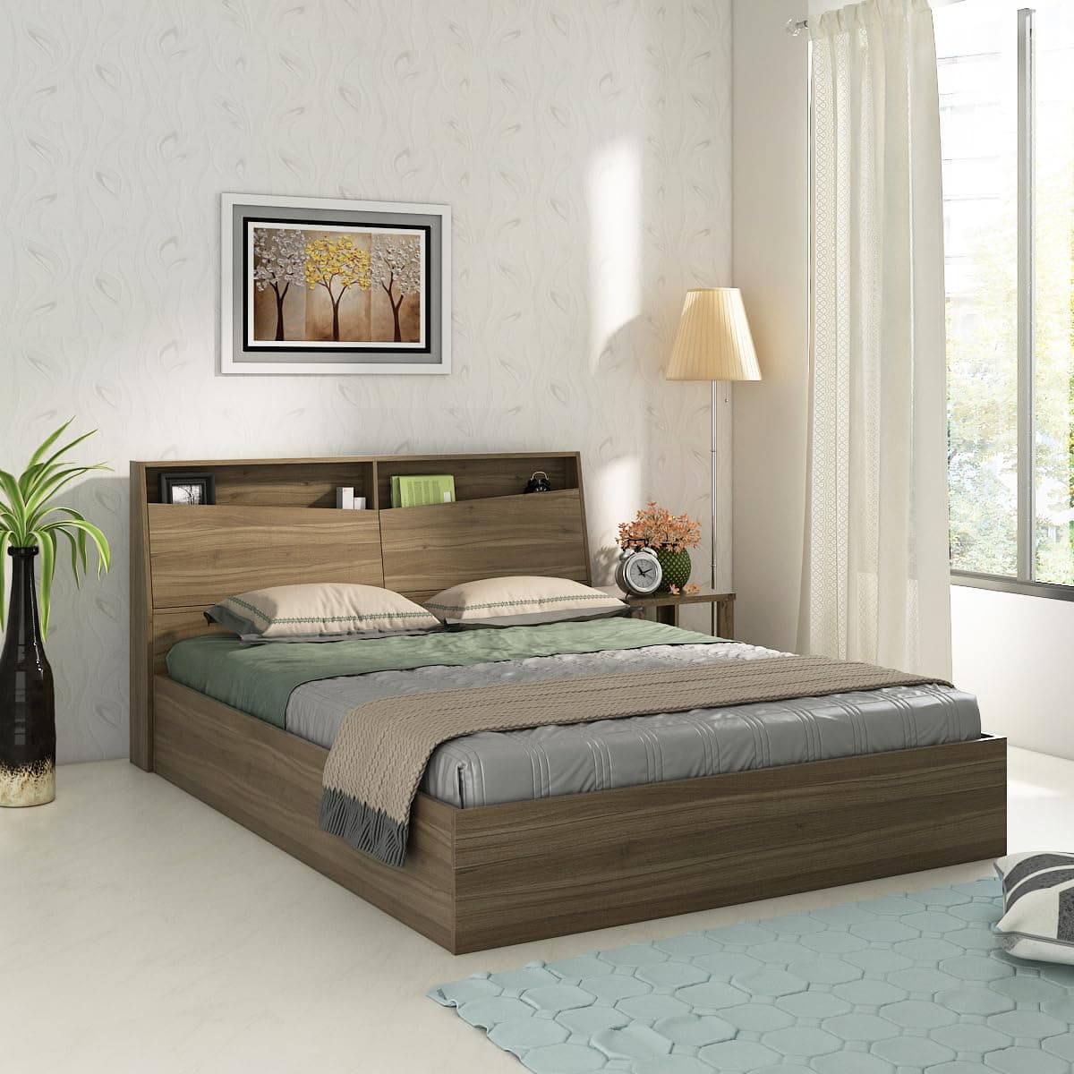 Spacewood Jeanie Bed |Queen Size (78 X 60) Engineered Wood Bed with Box Type Storage| 3 Year Warranty | Modern Design |Engineered Wood | Lyon Walnut