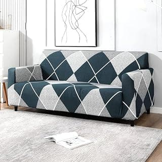3 Seater Elastic Stretchable Sofa Cover, Geometric Diamond Print, Teal and Grey, Elastic Slipcover for Living Room