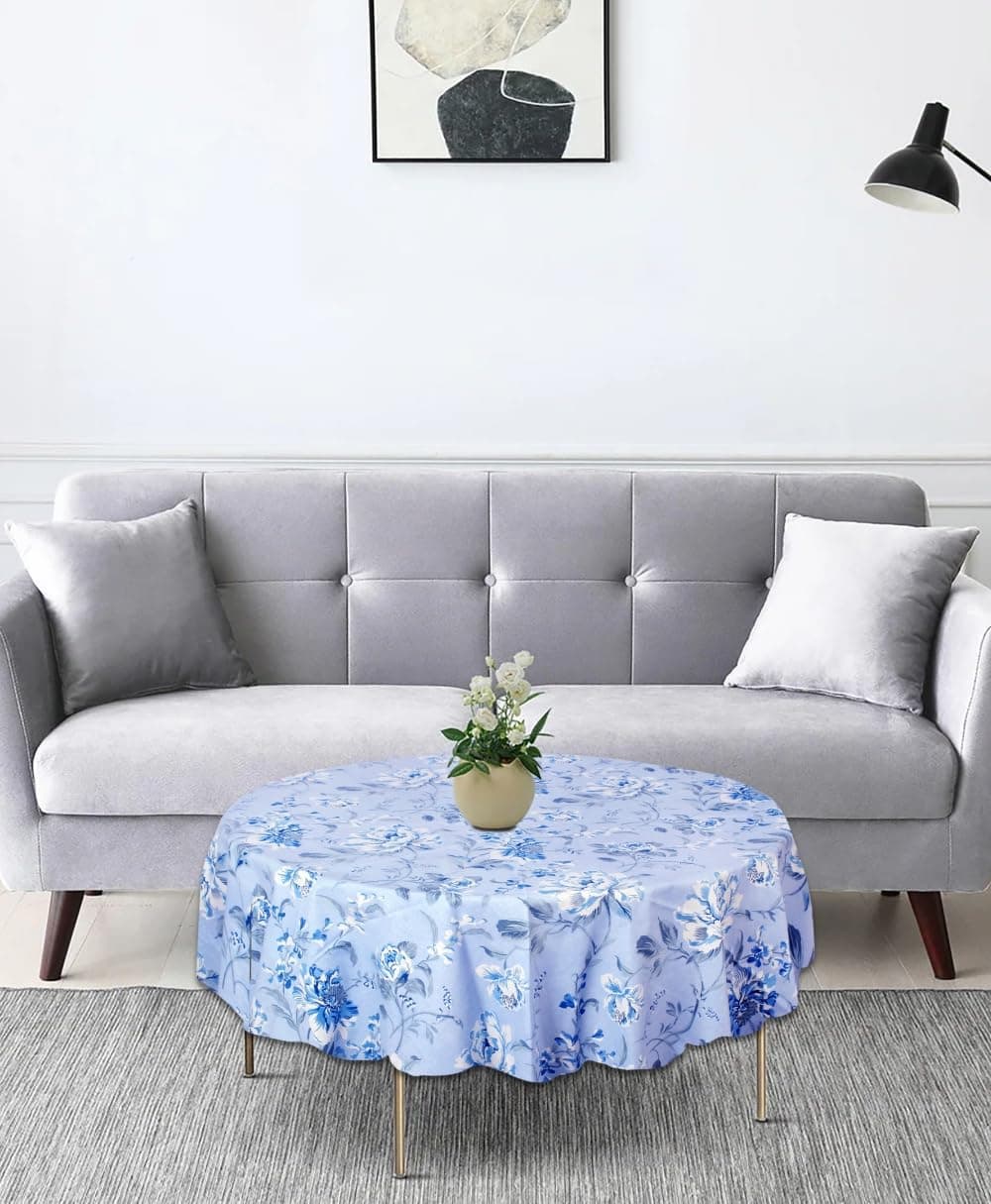 Stylista Cotton Round Center Table Cover (WxL 36x36) in Inches - Floral White Rose on Blue Base