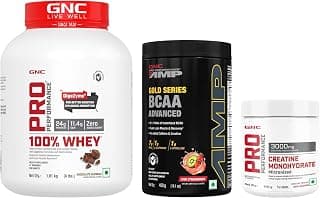 GNC Pro Performance 100% Whey Protein Powder, AMP Gold Series BCAA Advanced | 400 gm | 30 Servings & Pro Performance Pure Micronized Creatine Monohydrate | 100 gm | 33 Serving, 2314 Grams