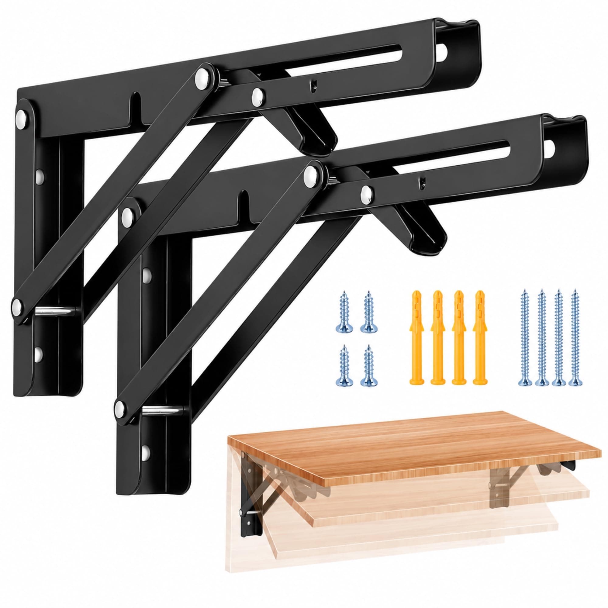 AAMATY Folding Shelf Brackets (8 Inch, 20 cm) Pack of 2 – Heavy Duty Metal Wall Mount Foldable Collapsible Shelf Support for Kitchen, Table, Workbench & Storage Shelves, Black