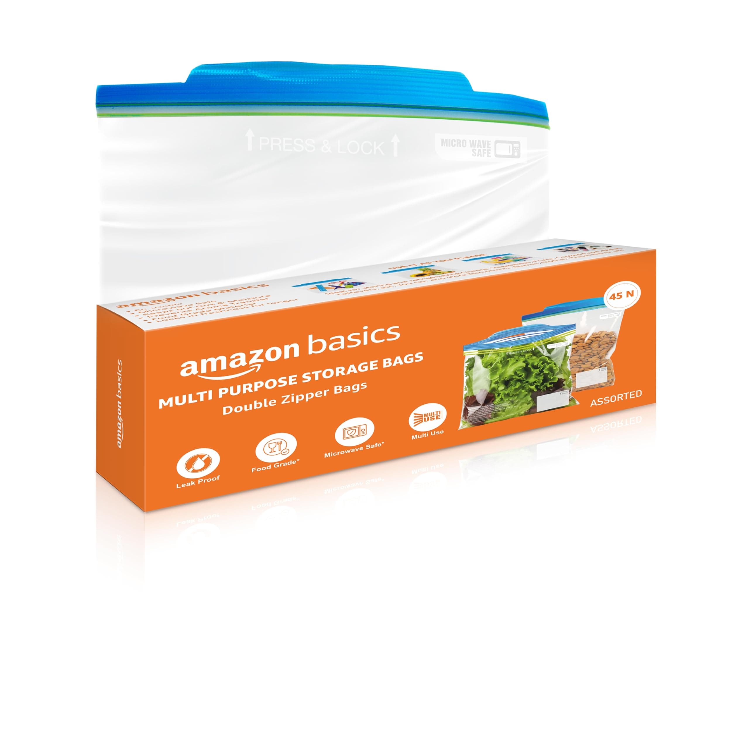 Amazon Basics - Multipurpose Zip Lock Storage Bags | 45 Count | Assorted Sizes, 15 Each - S, M, L | Material Plastic | Reusable and Reclosable with Double Zipper