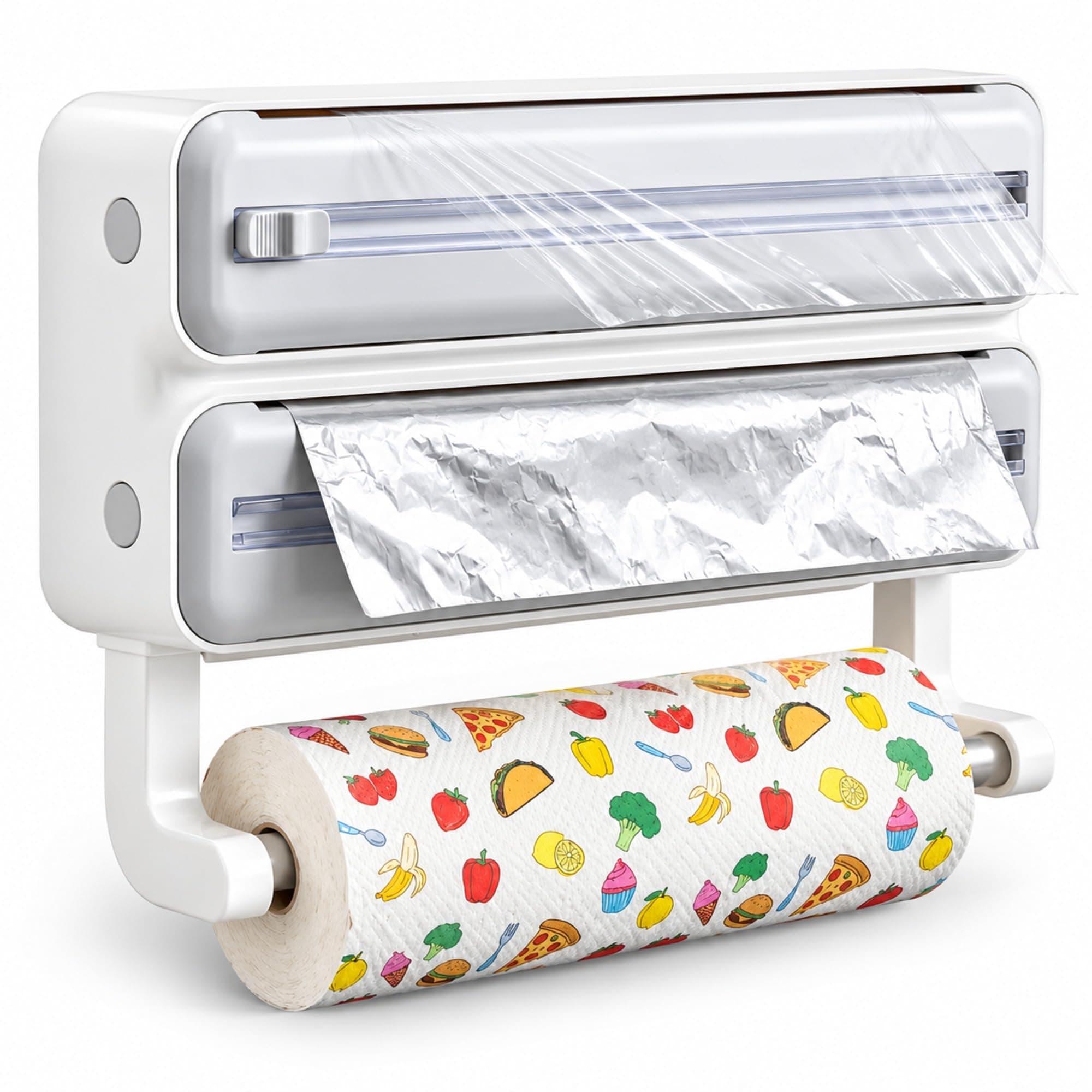 Wall Mounted Foil and Cling Film Dispenser with Cutter - 3 in 1 Kitchen Wrap Organizer with Paper Towel Holder for Aluminium Foil, Butter Paper, Food Wrap and Roti Sheets