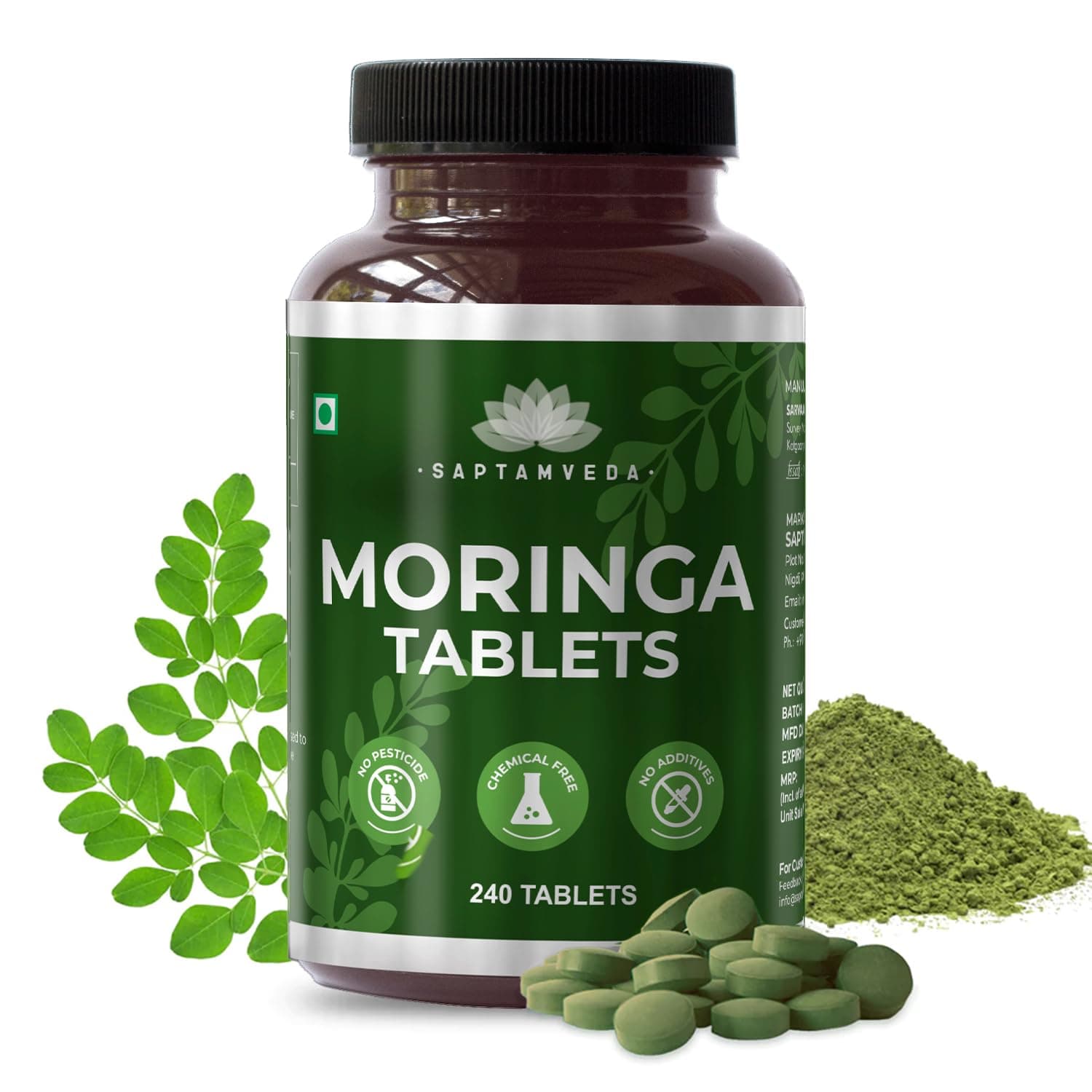 SAPTAMVEDA Organic Moringa Tablets, Drumstick Leaf Tablets 240 Tablets, 500mg | 100% Organic