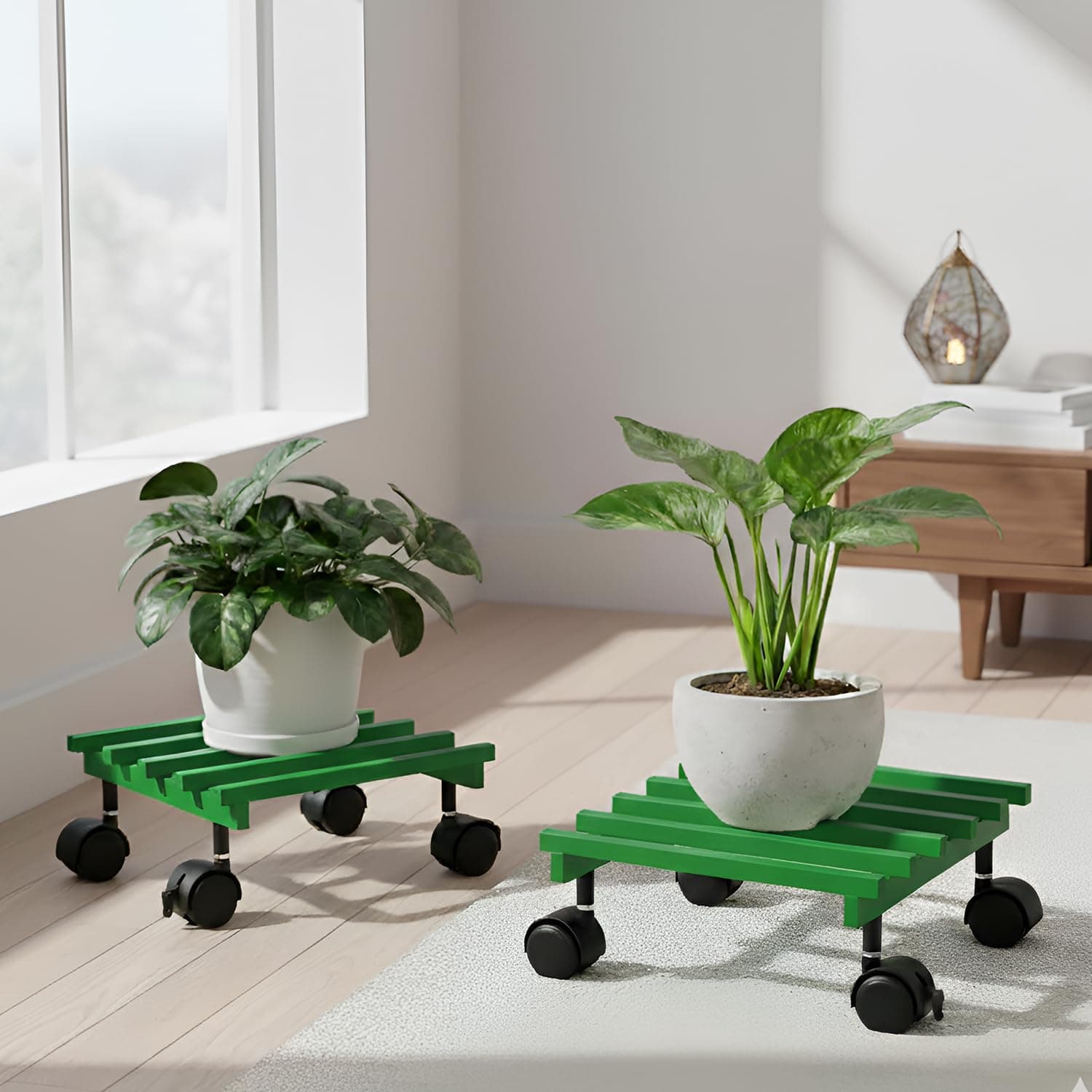 Pivalo Plant Stand for Balcony & Living Room-Pot Stand for Outdoor & Indoor Planters - Gamla, Flower Pot, Plant Stands for Balcony Decoration (Green (Square), Pack of 2)
