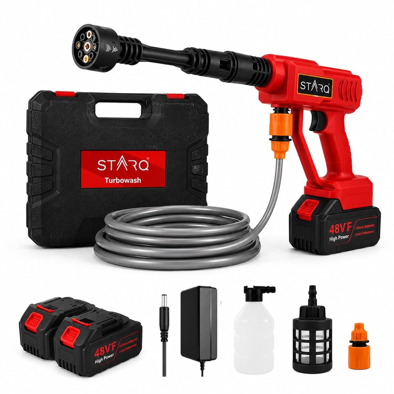 STARQ Turbowash Cordless Portable 48V Double Battery Wireless Pressure Washer Gun - 12000mAh High Pressure Water Gun for Car and Bike Wash, Adjustable 6-in-1 Nozzle, 5M Hose Pipe with Charger