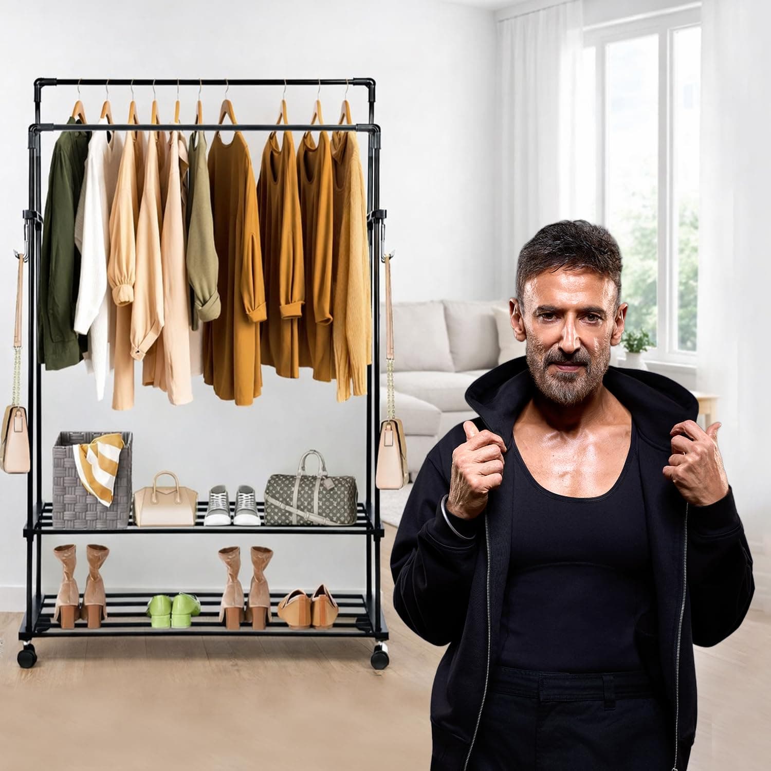 ADA metal Double Rods Garment Rack with Wheels, Multi-functional Clothing Rail for Hanging Clothes with 10 Side Hooks for Bedroom, Living Room, Hallway, Entryway - (80 x 30 x 154cm) Black