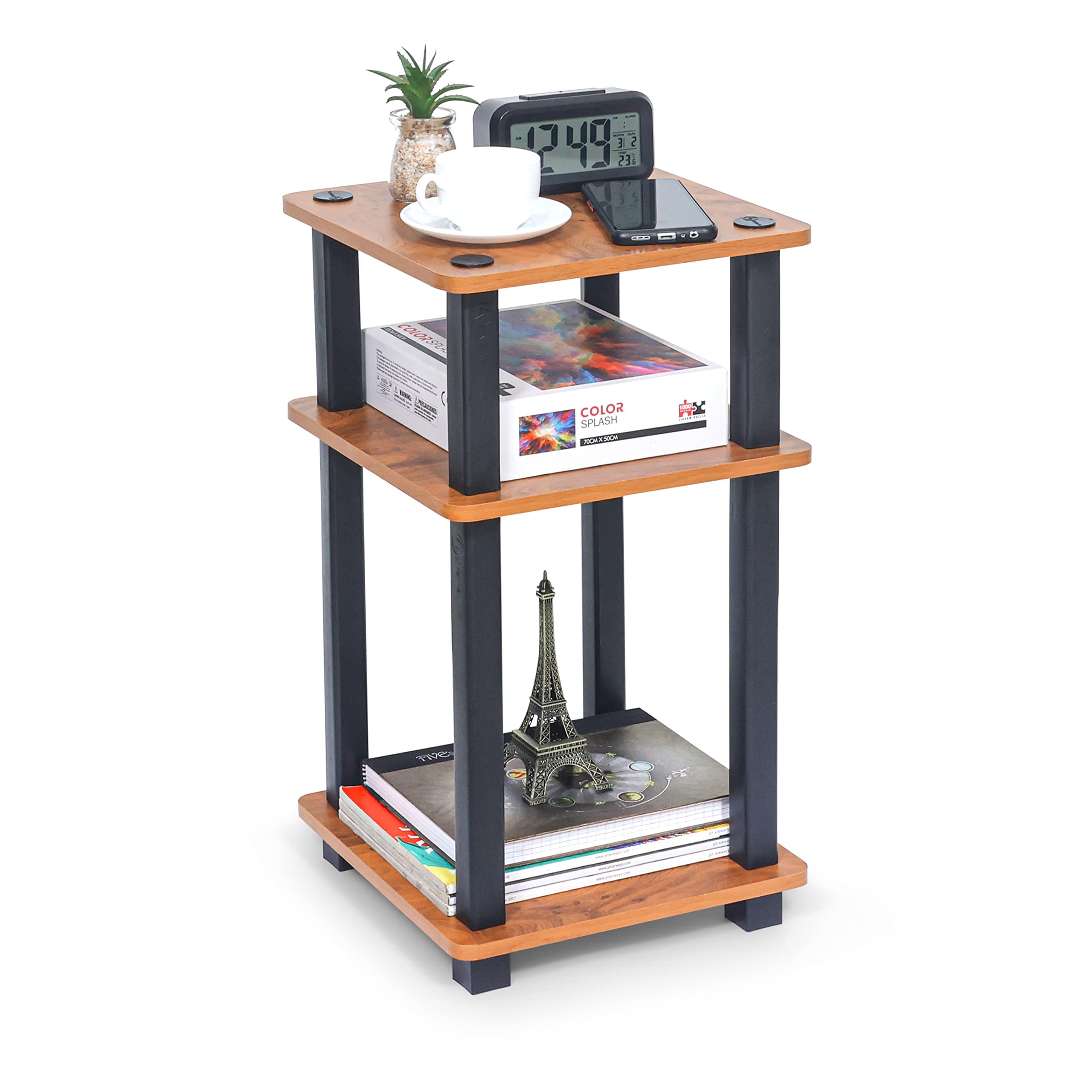 Livzing Turn-N-Tube 3 Tier Wooden Bedside Table-End Table-Multipurpose Table with Storage Corner Bookshelf Standing Rack Shelf Space Saving Organizer for Bedroom-livingroom– Brown