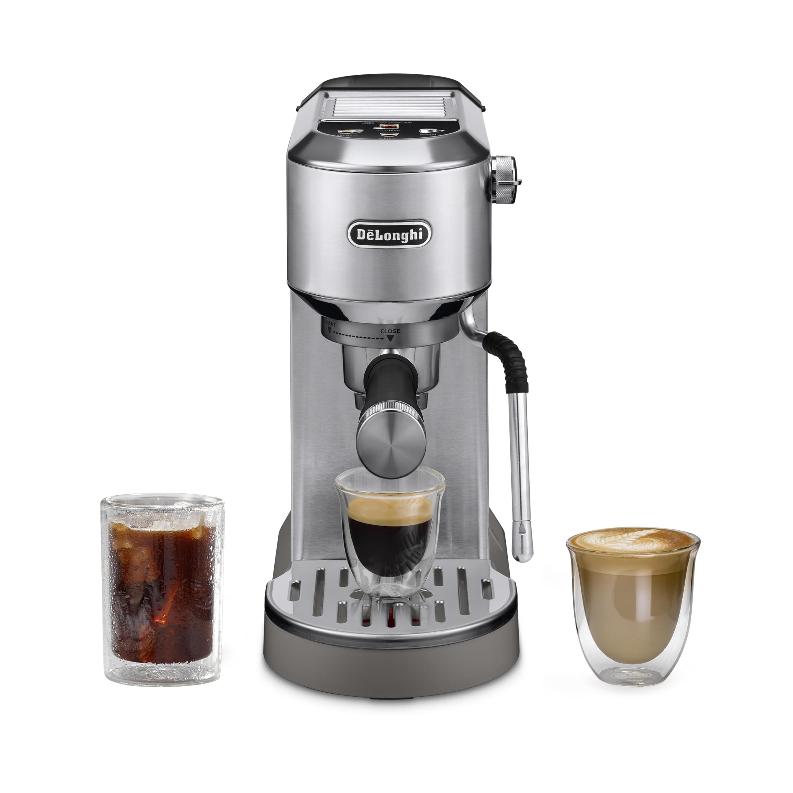 De’Longhi Dedica Duo Cold Brew Espresso Machine with Milk Frother, 15 Bar Pressure, Original Italian Barista Style Coffee Maker, Make Espresso, Latte, Cappuccino & Ice Coffee, Stainless Steel, EC890M