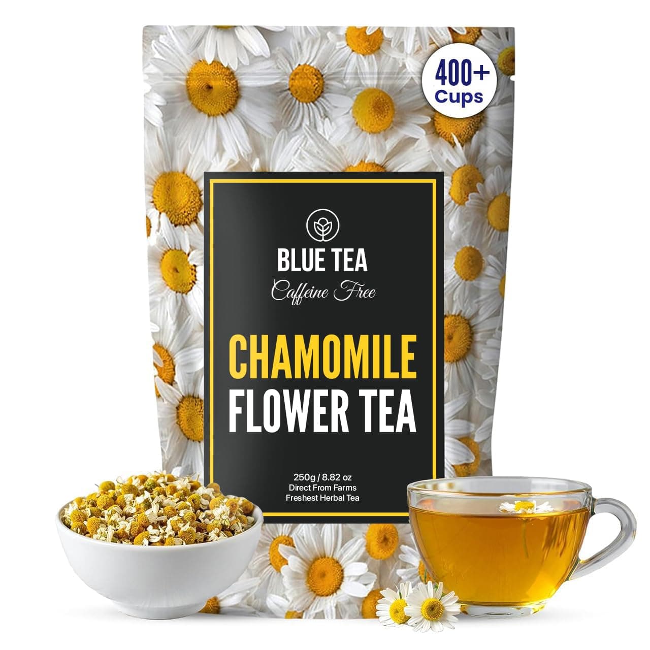 BLUE TEA - Chamomile Tea For Sleep - 250gm - 400+ Cups | CALMING TEA | Sleep Support - Herbal Tea - Caffeine Free - Flower Based - Non-Bitter - Natural | Zipper Pack