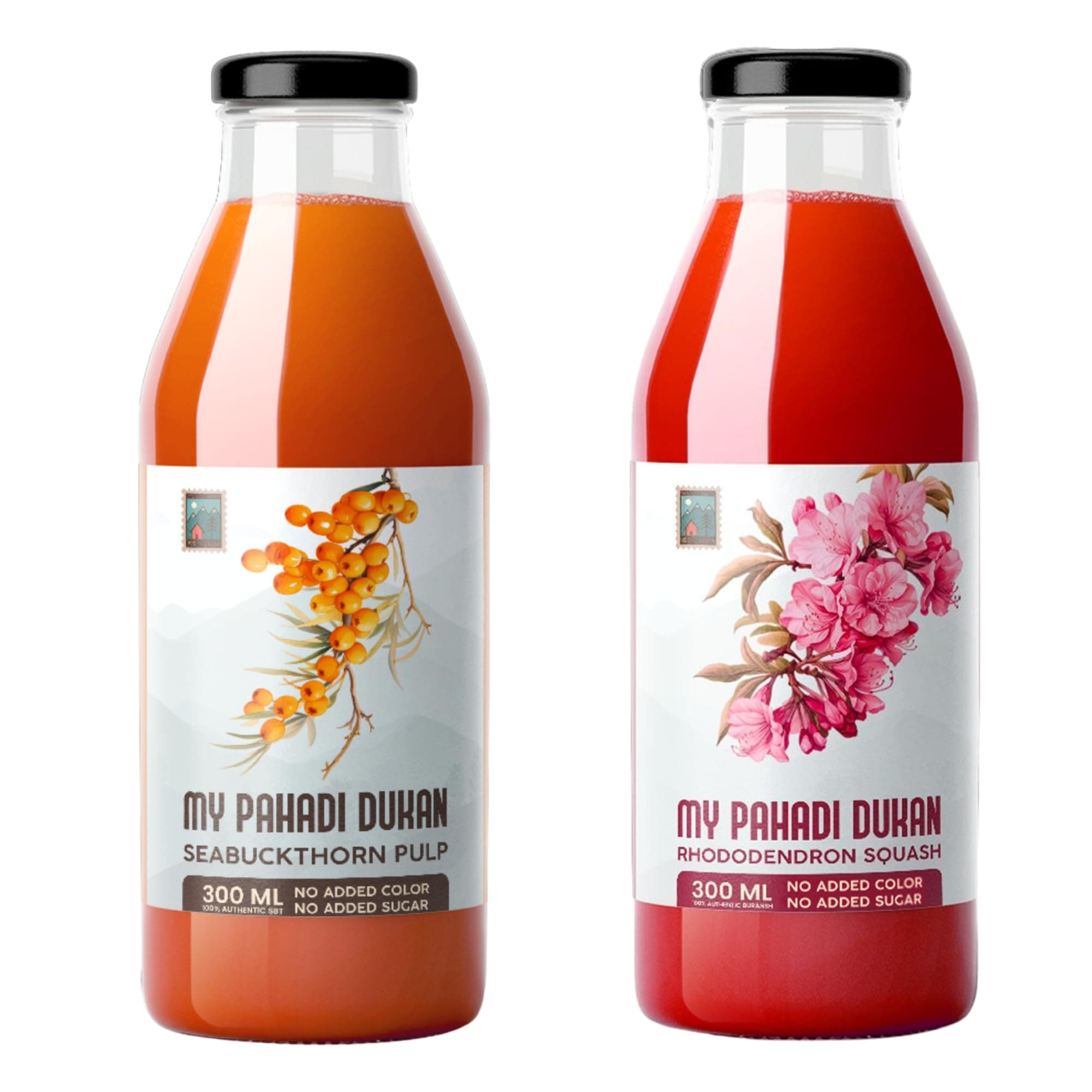 My Pahadi Dukan Himalayan Sea Buckthorn Concentrate Pulp 300ml and Buransh (Rhododendron) Juice 300ml | Rich in Omega & Vitamin C | No Added Sugar | Antioxidant | Heart & Skin Health Drink