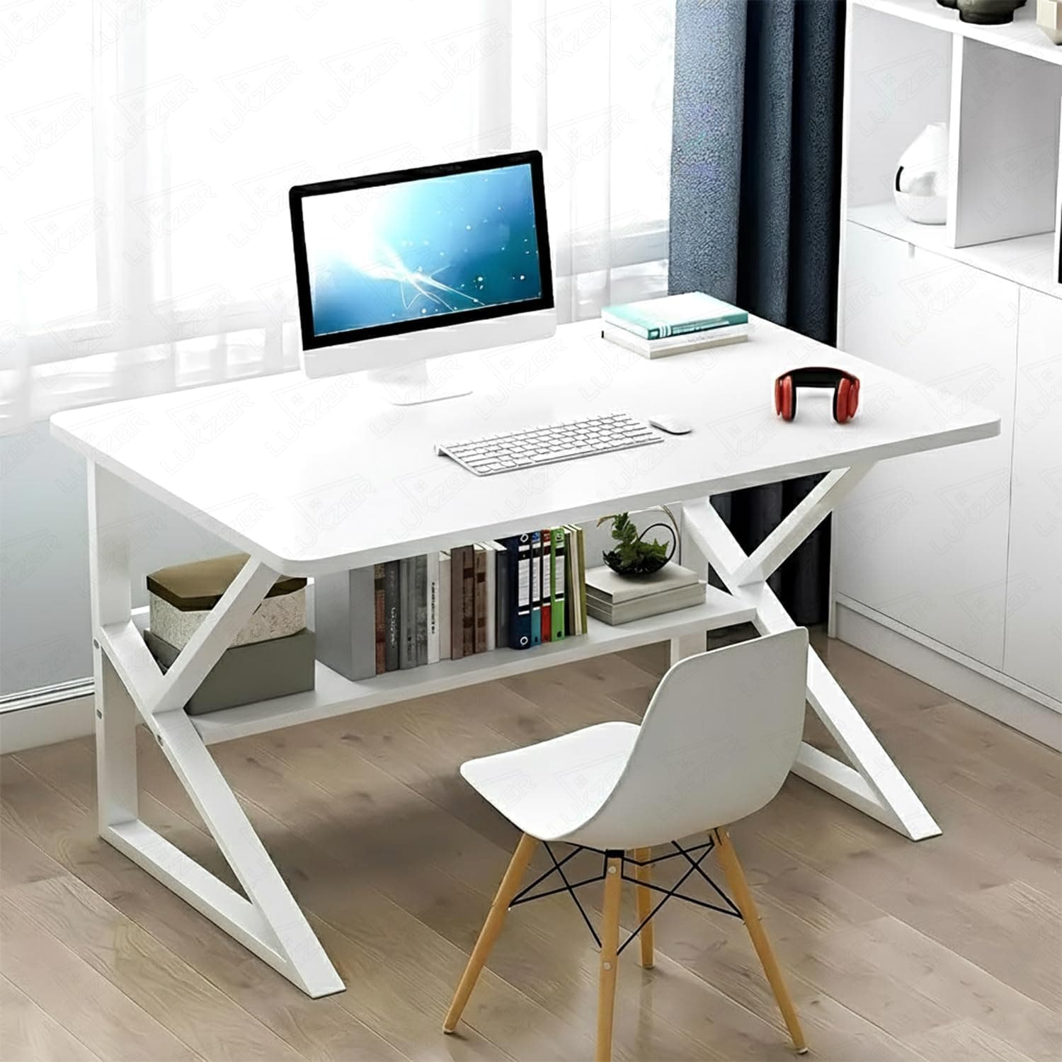 Lukzer Modern Engineered Wood Computer Desk with Built-in Bookshelf, Space-Saving Design, White Top & White Frame, Study Table,100x50x78cm (MST-001)