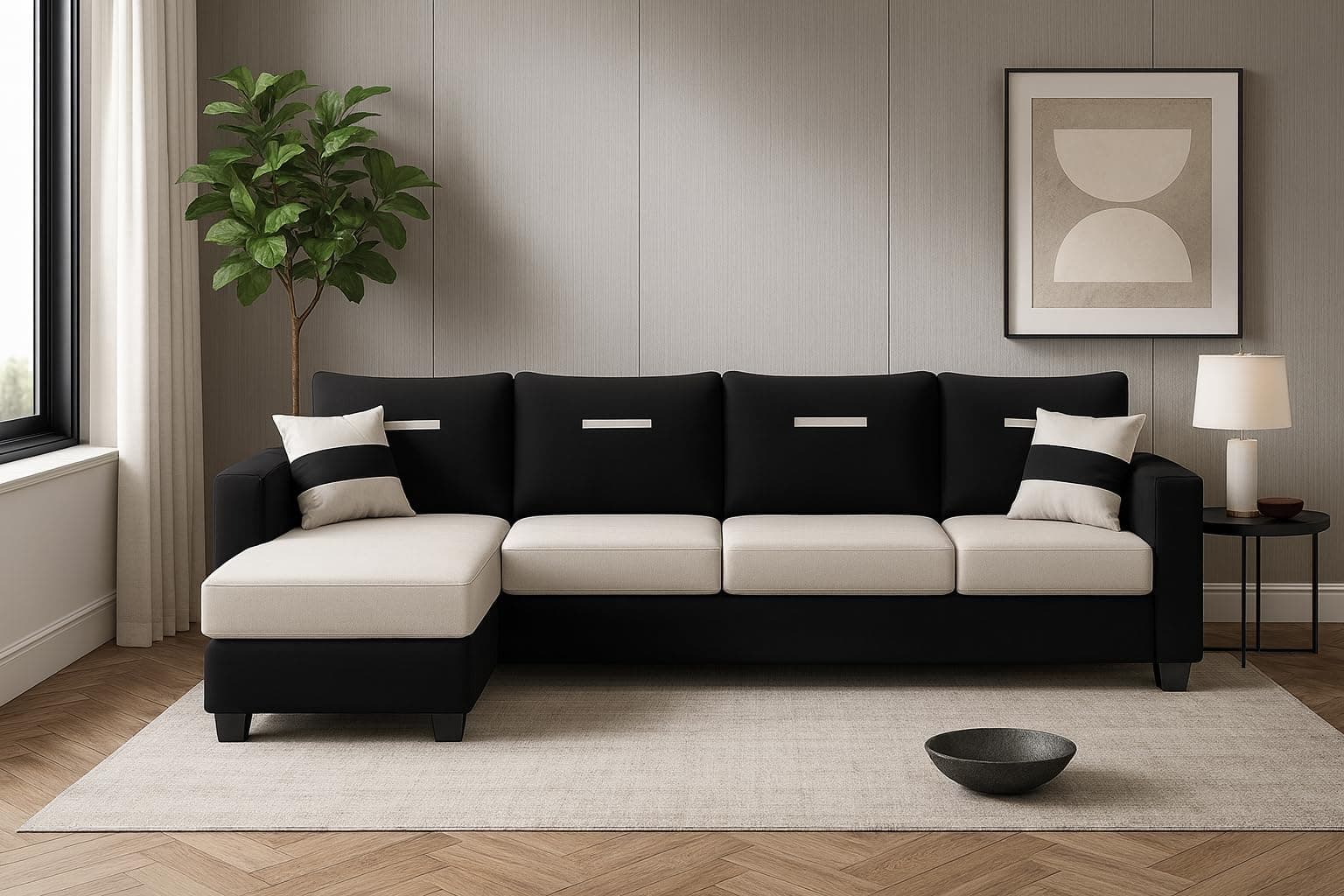 CASASTYLE Dreamon 5 Seater Fabric LHS L Shape Sofa Set with 1 Centre Table & 2 Puffy (Light Grey-Black) | Velvet Finish | Comfortable Sectional Sofa for Living Room