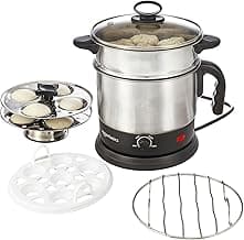Amazon Basics Multi-Kettle Steamer 1.2L | Adjustable Power Modes 600 W | 7 - Egg Tray, Idli Tray, Iron Grill And Steamer | SS 201 Steel | Automatic Overheat Protection | Multipurpose Kettle