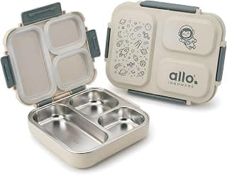 Allo Bento Stainless Steel Lunch Box for Kids- BIS Approved, 304 Stainless Steel 3 Compartment Leakproof Tiffin Box for Boys and Girls for School, Travelling, Baby Snacks, 740ml Green Space