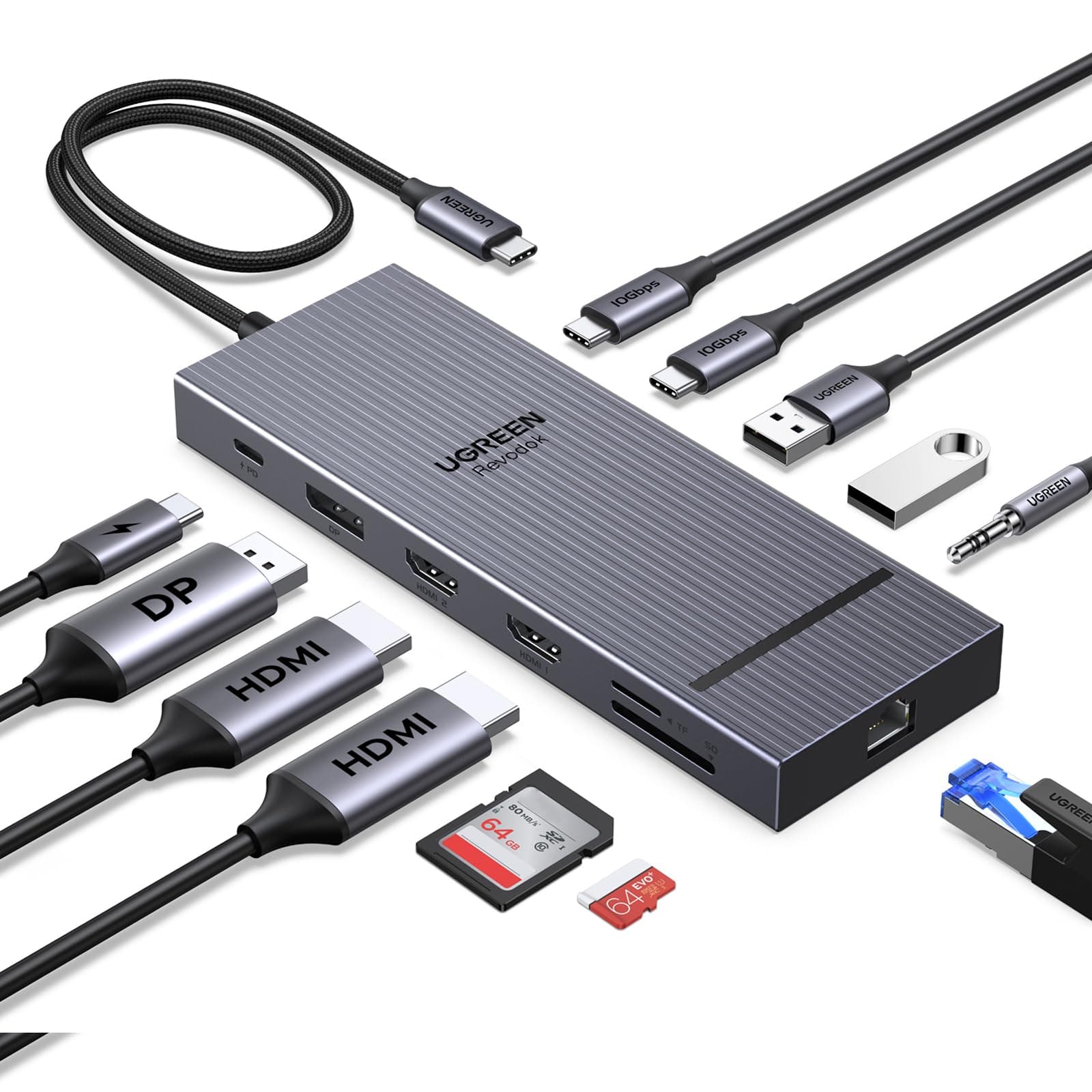 UGREEN Revodok Pro Docking Station 12-in-1, Triple 4K Display with 2×HDMI+DP, 4K@120Hz DisplayPort, 2×10Gbps USB-C, 2×USB-A, 100W PD, 170MB/s SD/TF, Ethernet, 3.5mm Audio USB C Hub for Dell, HP Laptop | 2x10Gbps USB C, 2xUSB-A 2.0, 100W PD, SD/TF 3.0, 1000Mbps Ethernet, 3.5mm Audio, Revodok Pro USB-C Hub Multiple Adapter