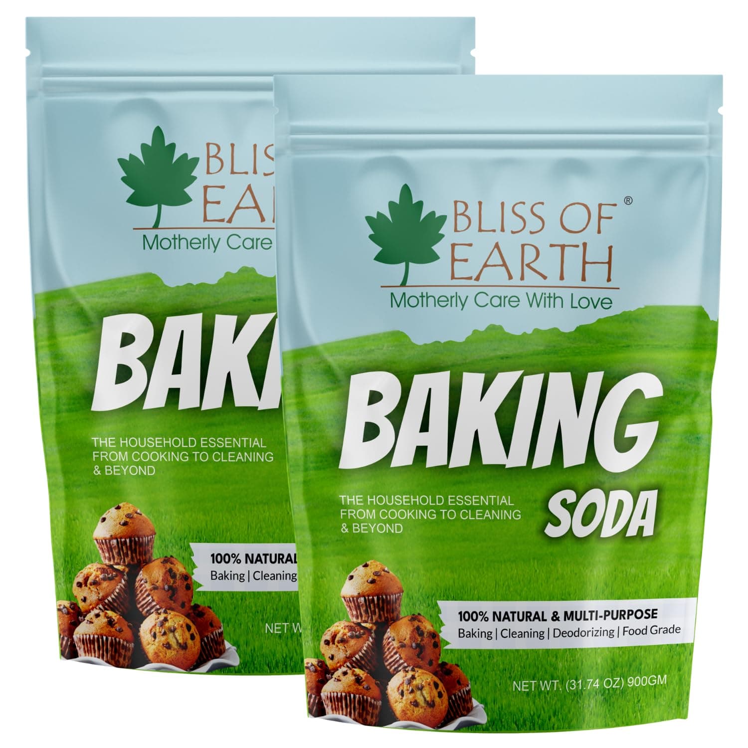 Bliss of Earth Baking Soda For Food & Cleaning Purpose, 900gm, Pure Sodium Bicarbonate for Baking, Cleaning, and Deodorizing, Food Grade, Non-GMO, Eco-Friendly Pack of 2