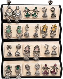 Oxidised Silver Plated Earrings Combo Set With Box for Women & Girls | 12 Pair Traditional Jhumka Chandbali Stone Studded Boho Ethnic Earrings Collection | Daily Wear Party Wedding Jewellery