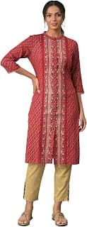 W for Woman Women Polyester Straight Fit Printed Mandarin Collar Straight Kurta