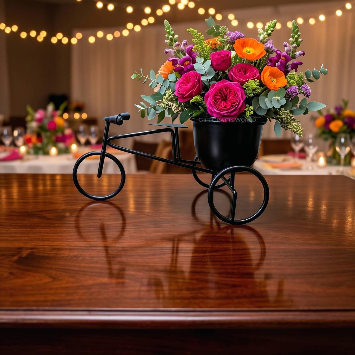 GiftCraftsWorld Minimalist Black Metal Tricycle Flower Vase - Decorative Premium Home Decor Showpiece for Living Room, Elegant Dining & Office Table Display Centerpieces