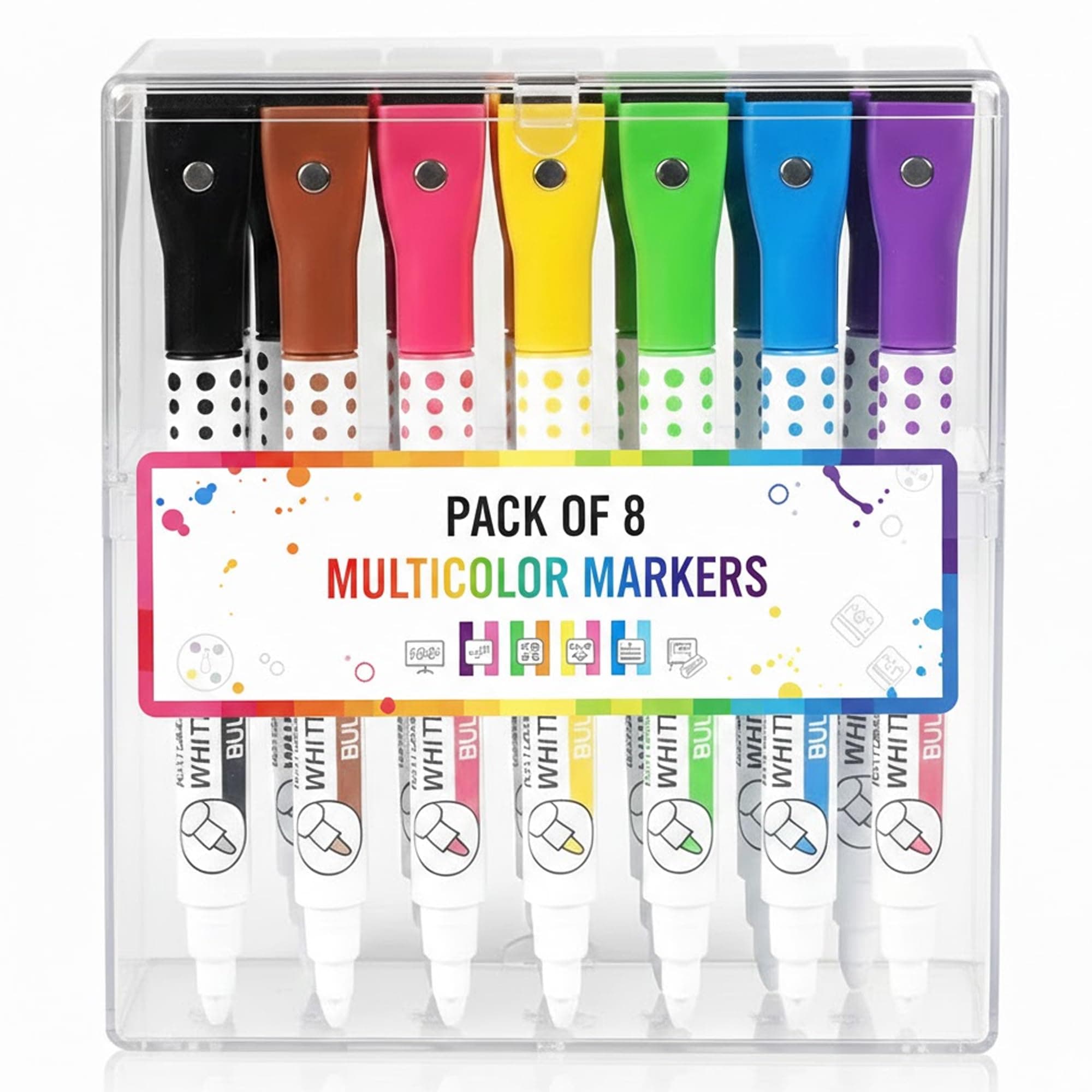 GLUN® Pack of 8 Multicolour Whiteboard Markers with Duster on Top Cap, 8 Different Colour Dry Erase Markers, Magnetic Washable Markers for White Board