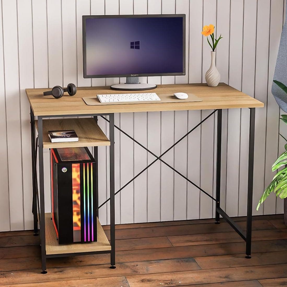 FURLAY Plank Office Desk and Study Table | 1 Year Warranty | Metal and Century Engineered Wood Desk for Adults & Students (Classic Oak)
