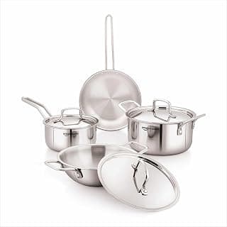 Amazon Basics Triply Stainless Steel Cookware Set 7 Pcs - Deep Kadai(3.4L), Saucepan(1.7L), Casserole(1.8L), Frypan(1.2L) | With 3 Stainless Steel Lids | Dishwasher Safe | Induction and Gas Compatible