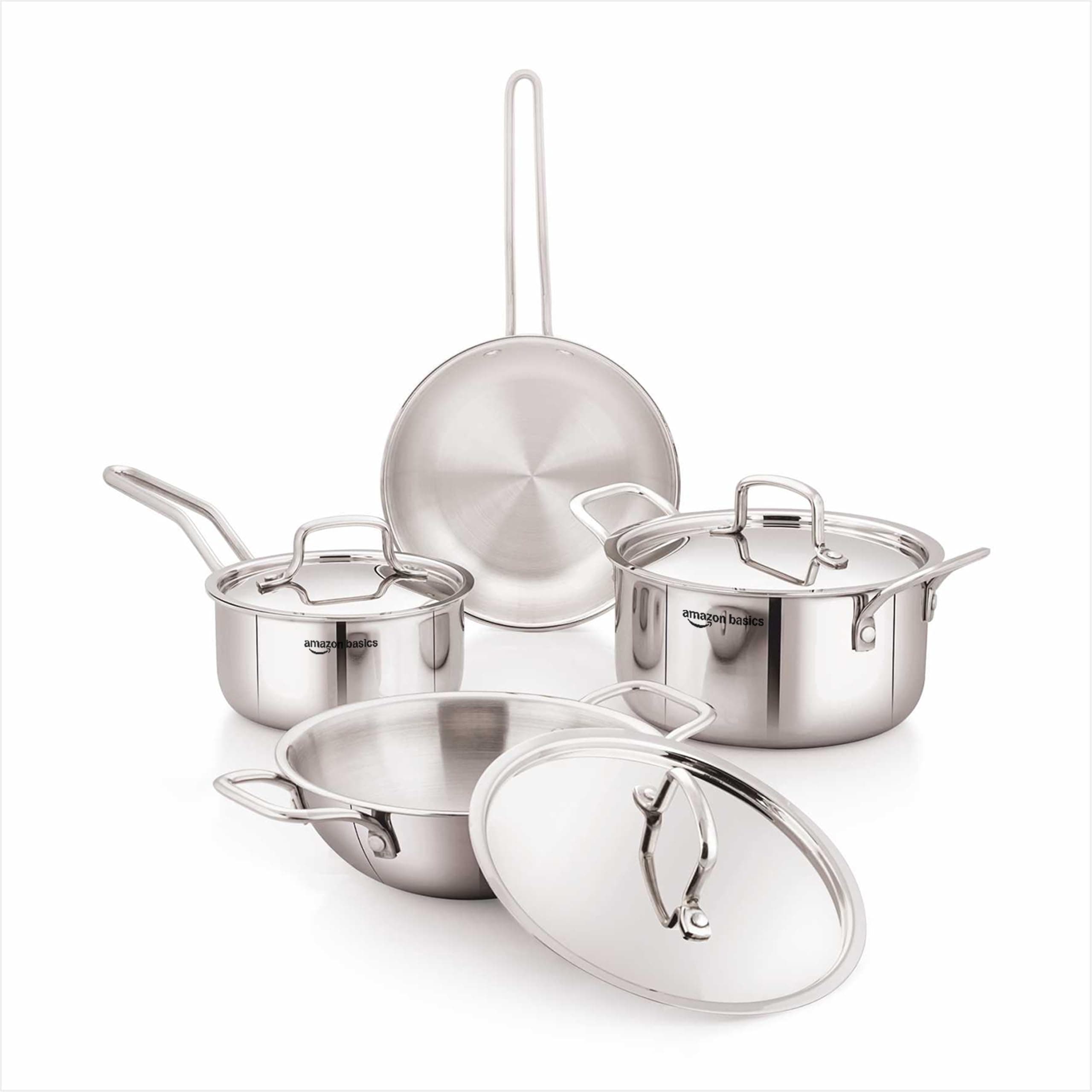 Amazon Basics Triply Stainless Steel Cookware Set 7 Pcs - Deep Kadai(3.4L), Saucepan(1.7L), Casserole(1.8L), Frypan(1.2L) | With 3 Stainless Steel Lids | Dishwasher Safe | Induction and Gas Compatible