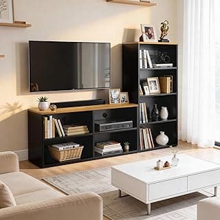 ABOUT SPACE TV Unit - Engineered Wooden TV Stand 32" to 50" Table Cabinet with Bottom Storage, Side Rack, Cable Hole for WiFi Router Stand Console Table for Living Room, Bedroom (Black & CM Oak)