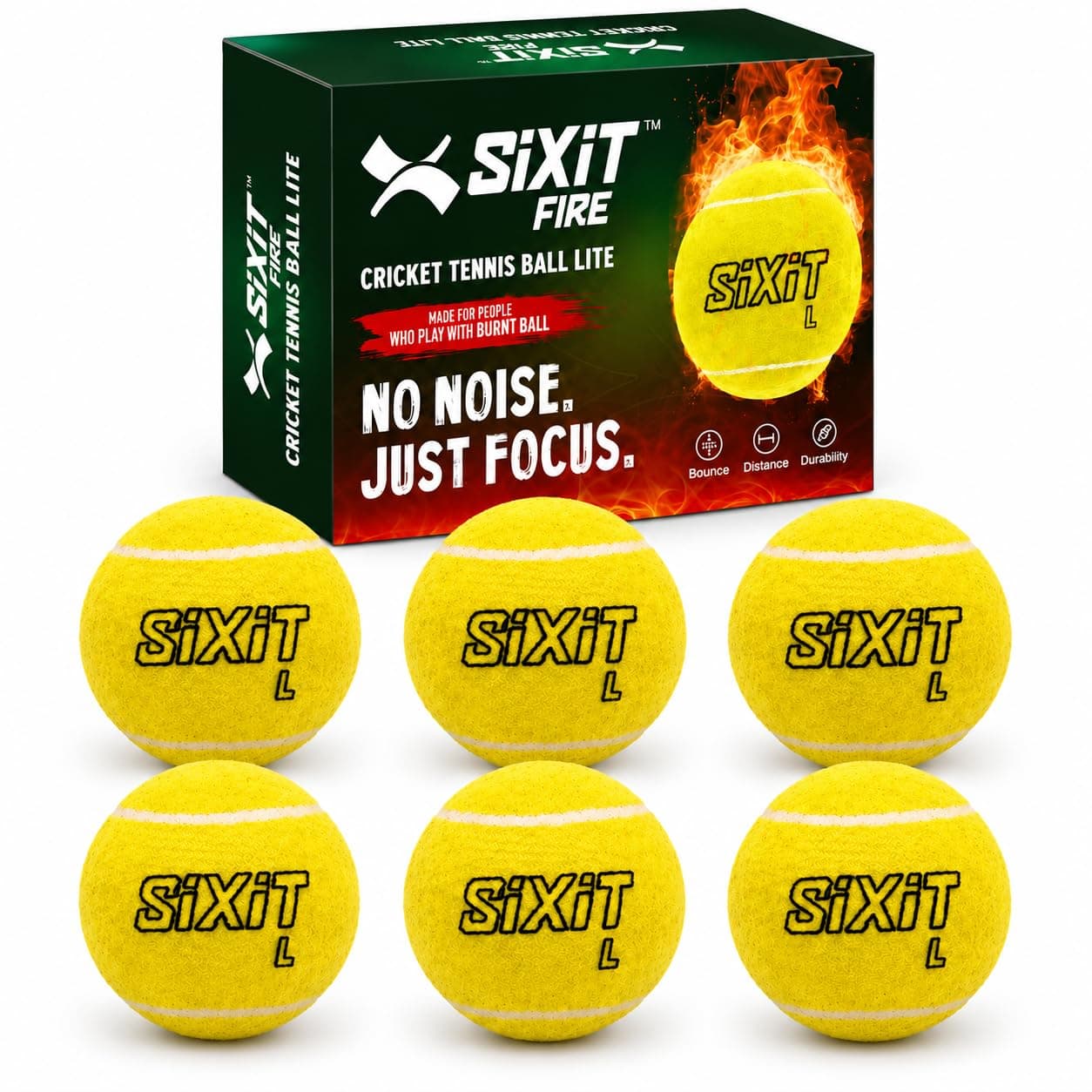Sixit Pack of 6 Fire Lite Cricket Tennis Balls, Pre-Burnt and Ready to Play, No Kerosene Needed, for Practice, Academy and Match Play, Yellow