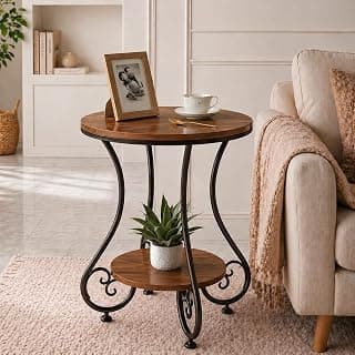CARTADEN 2 Tier End Table in Living Room, Industrial Style Round Bedside Table with Storage, Small Outdoor Coffee Table for Bedroom Balcony Patio Black Brown