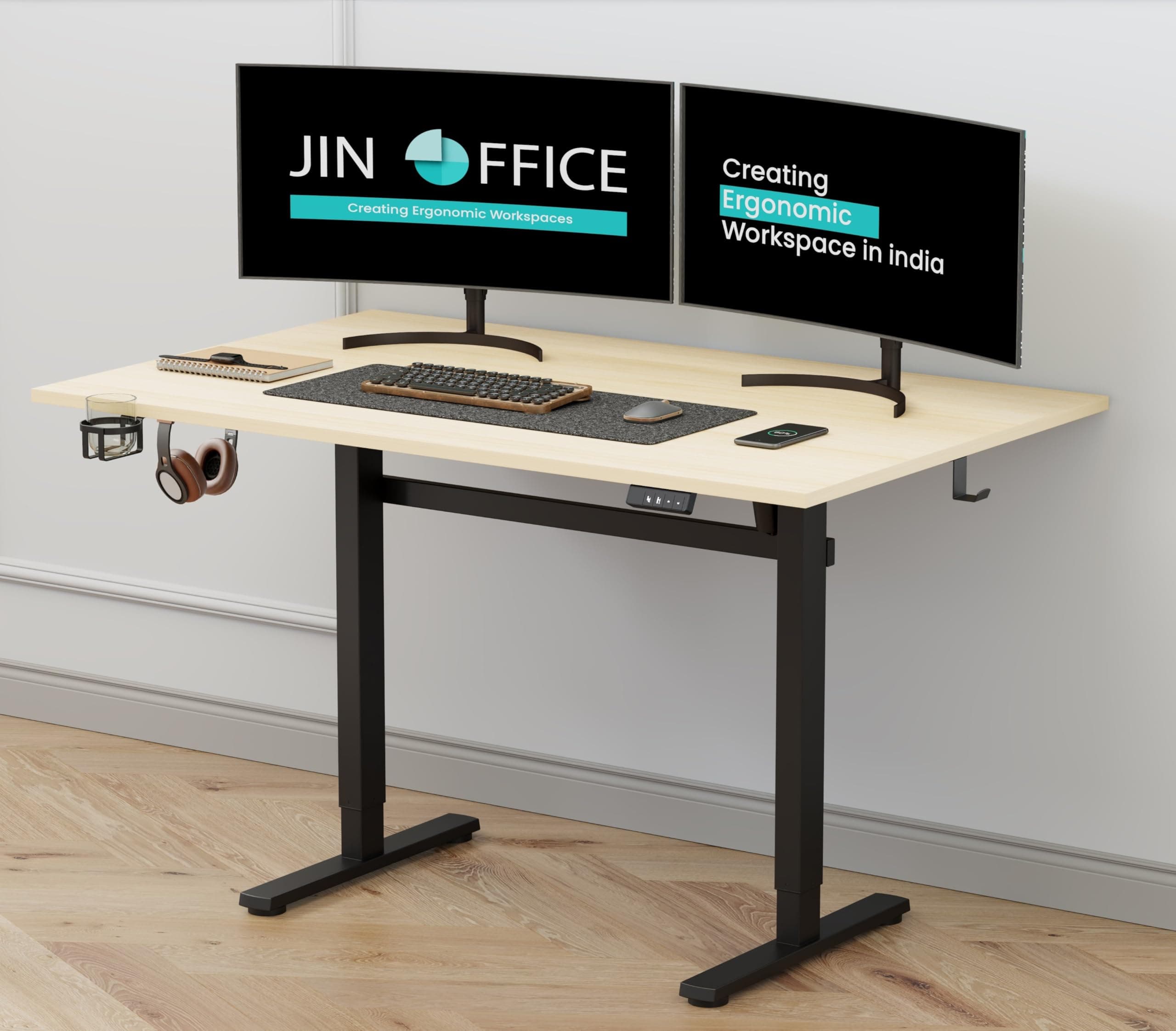 JIN OFFICE Octave Electric Height Adjustable Desk | Standing Desk, 80 Kg Wt. Cap, 2 Year Warranty| Sit Stand Table with Cup Holder, Memory Preset| Stability Crossbar| Maple 1500*750mm/25mm Thick Top