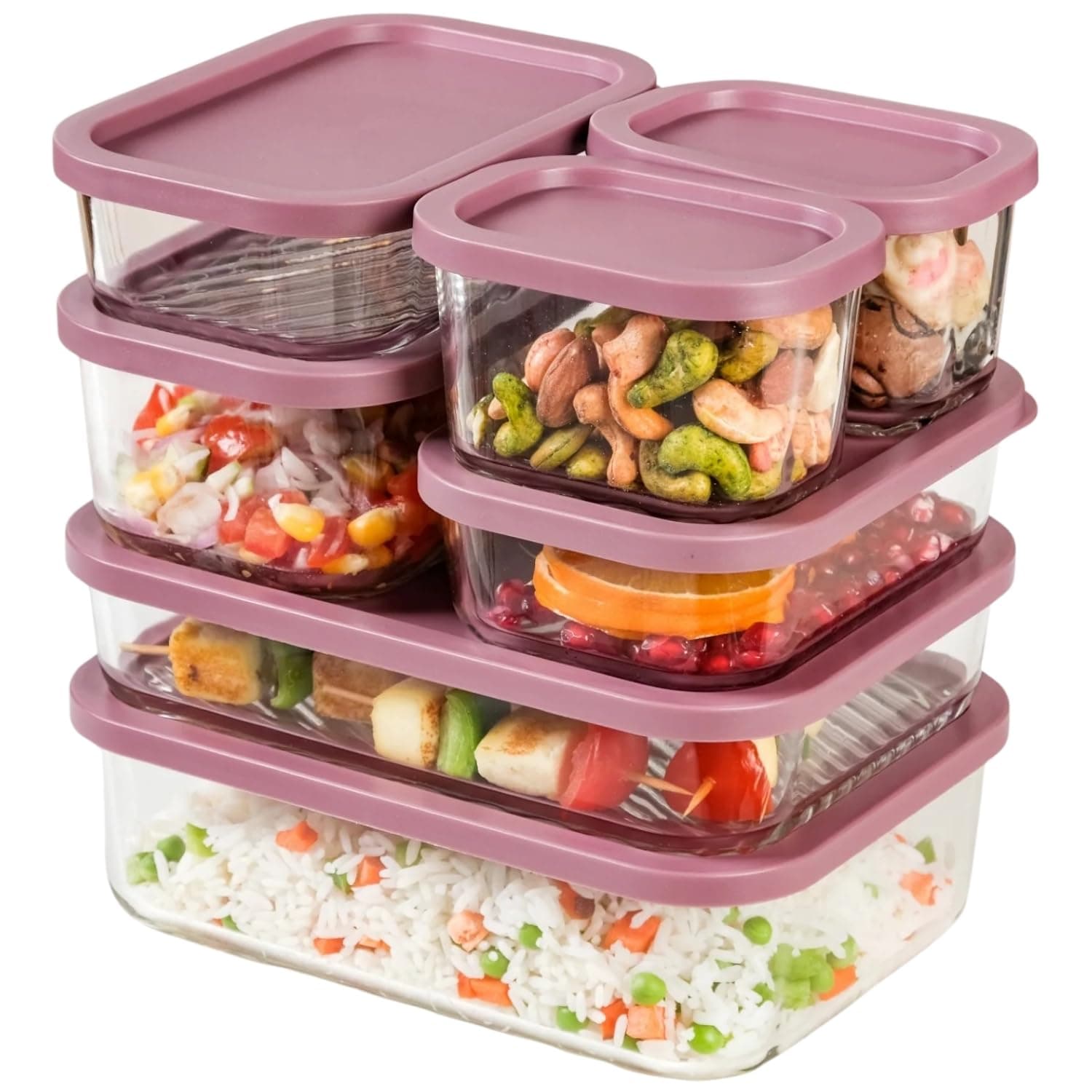 Nestasia Groovo Glass Containers with Lid Set of 7 (S-310ml x 2, M-520ml x 2, L-750ml, XL-1200ml, XXL-1700ml) Transparent Stackable Fridge Storage Box, Microwave & Dishwasher Safe (Purple)