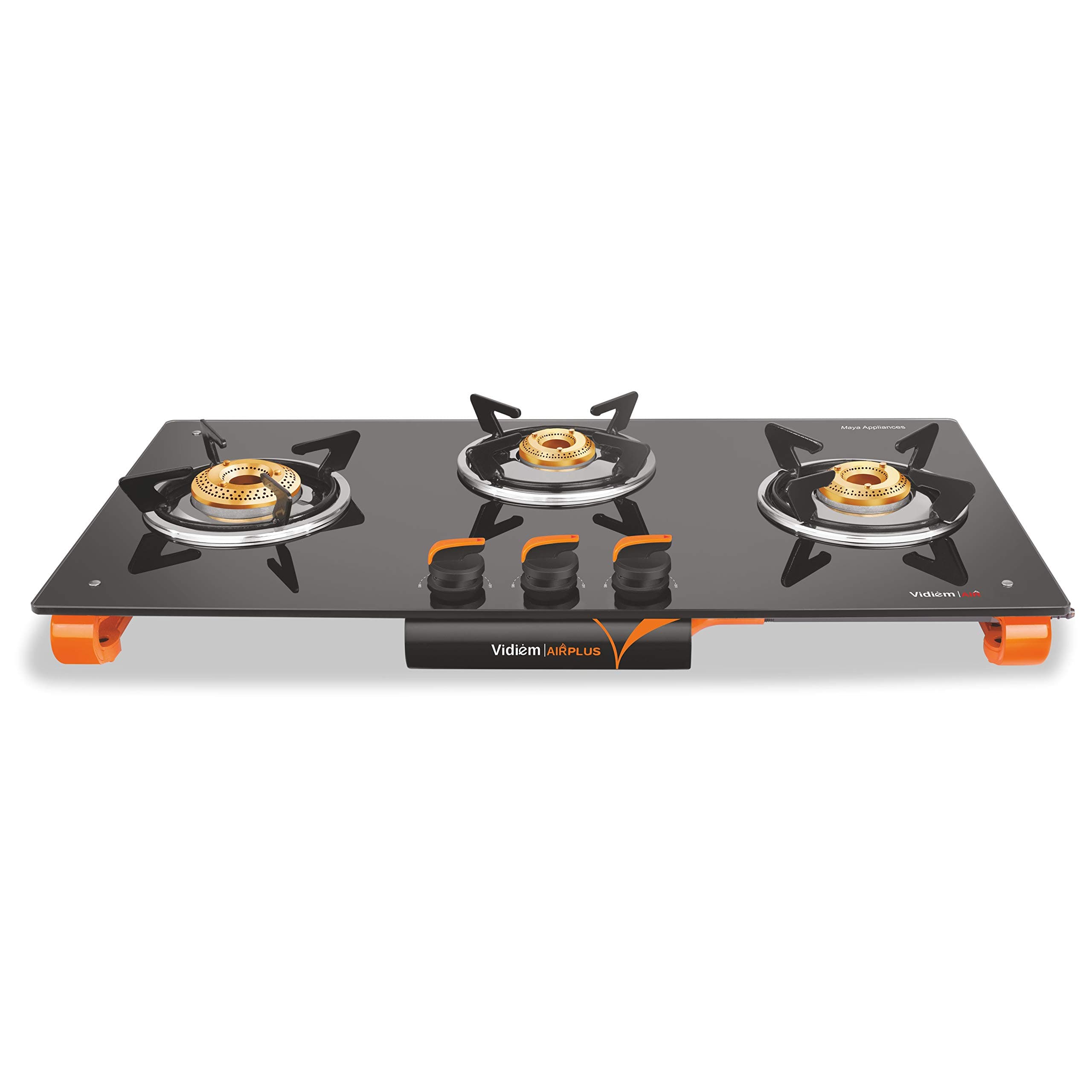 Vidiem AIR Plus 3 Burner Gas Stove Manual Ignition | Toughened Glass Top Gas Stove | Frameless Design | 8mm Glass Cooktop | Orange & Black | ISI Certified | 2 Year Warranty