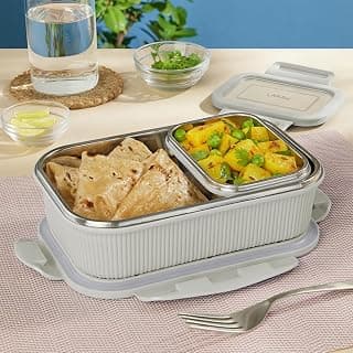 Larah by BOROSIL Freshbyte Stainless Steel Lunch Box | 800 ml + 200 ml Rectangle Container Set | Airtight, Dishwasher Safe Tiffin | Portable Kids Tiffin | 1 Year Warranty | Grey