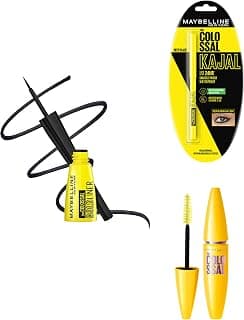 Maybelline New York Colossal Kajal, Eyeliner, and Mascara Set - Black (0.35g, 3g, 10.7ml) - Washable, Glam Black